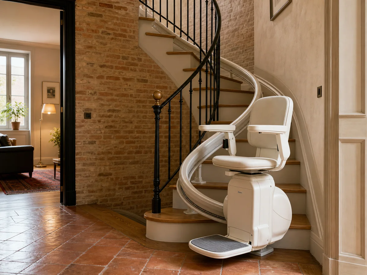 Rail de monte-escalier tournant sur mesure pour escalier ancien à Toulouse